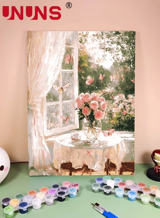UNUNS رسم بالأرقام للمبتدئين، وردة وردية رسم بالأرقام مع إطار، مجموعة رسم DIY لورود الأكريليك بالأرقام لتزيين جدران المنزل وغرفة المعيشة وغرفة النوم، زهور وردية في مزهرية، 40x50CM - Image 1